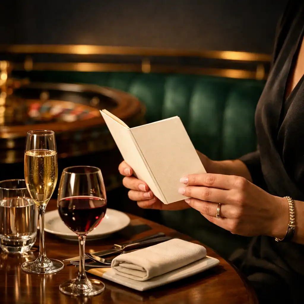 Étlapot tartó vendég keze terített asztal mellett, a háttérben lágy lounge-fényekkel