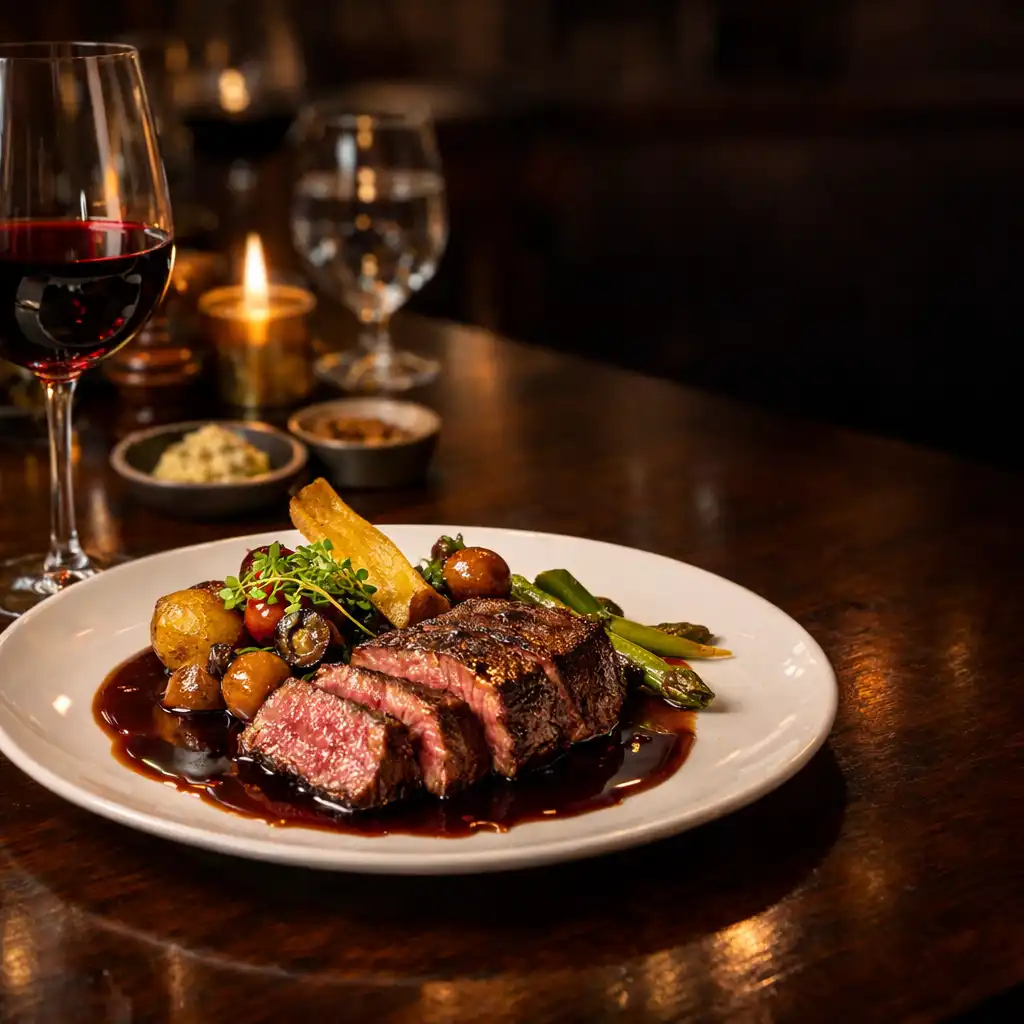 Szeletelt steak elegáns tányéron, mellette egy pohár vörösbor meleg esti fényben