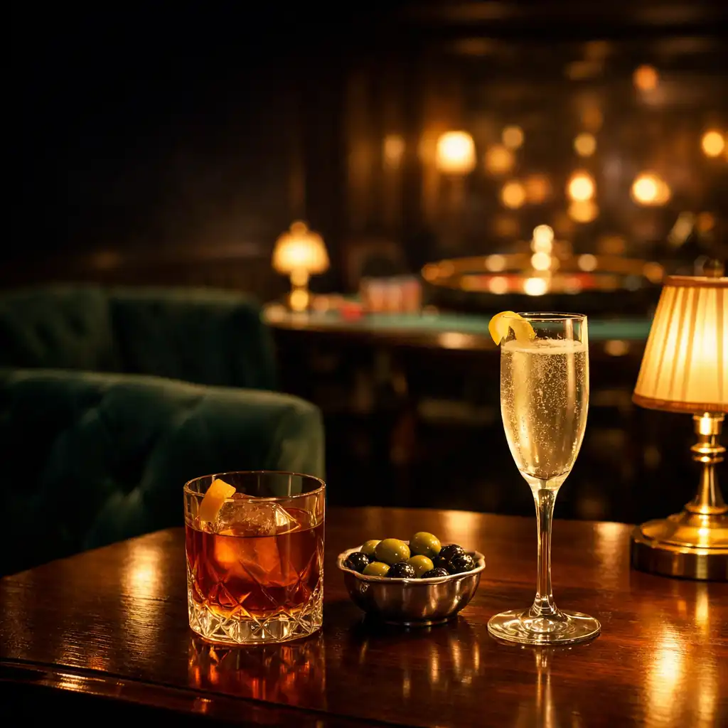Két koktél egy elegáns esti szalon sötét faasztalán, háttérben lágy lounge-fényekkel