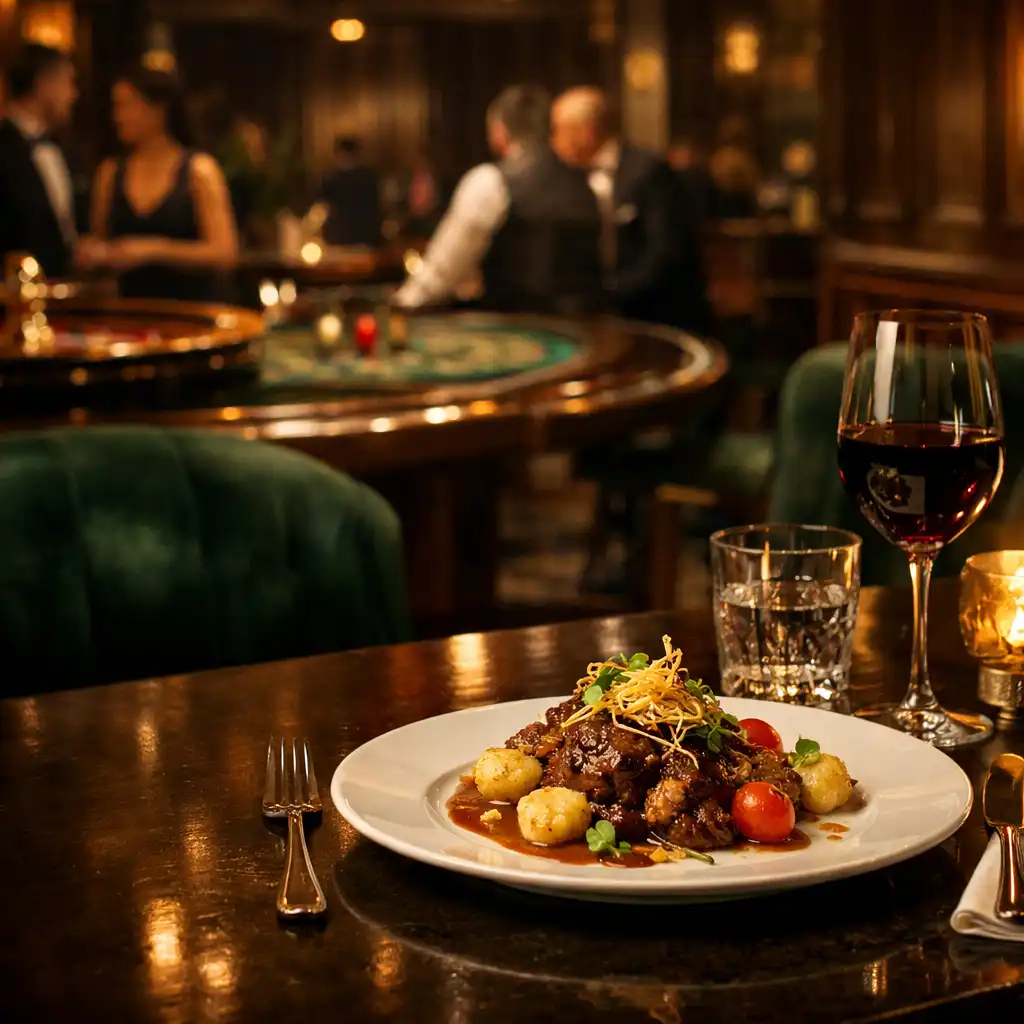 Terített fine dining asztal esti lounge háttérrel