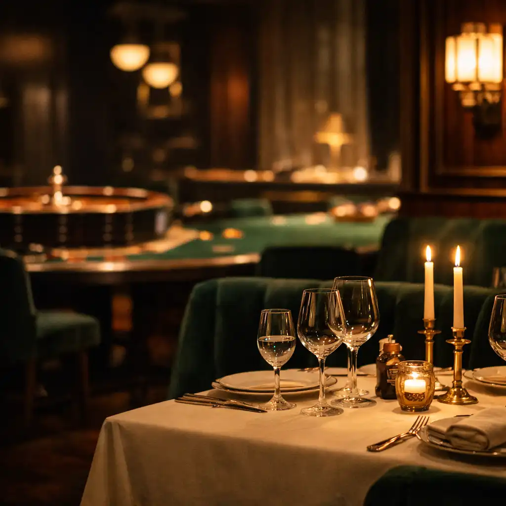 Megterített fine dining asztal az esti Plate Gardeen szalonban, háttérben visszafogott lounge-részletekkel