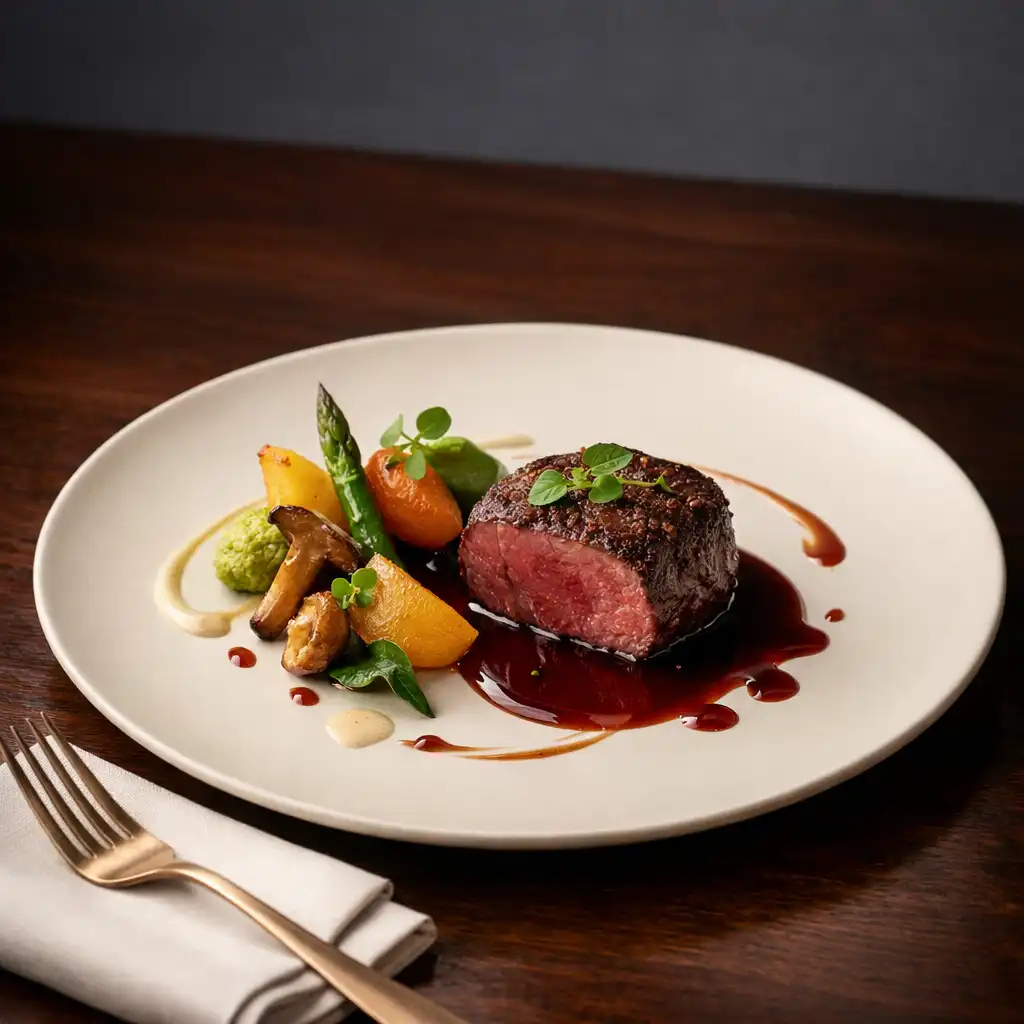 Szezonális elemekkel komponált fine dining főfogás elefántcsontszínű tányéron